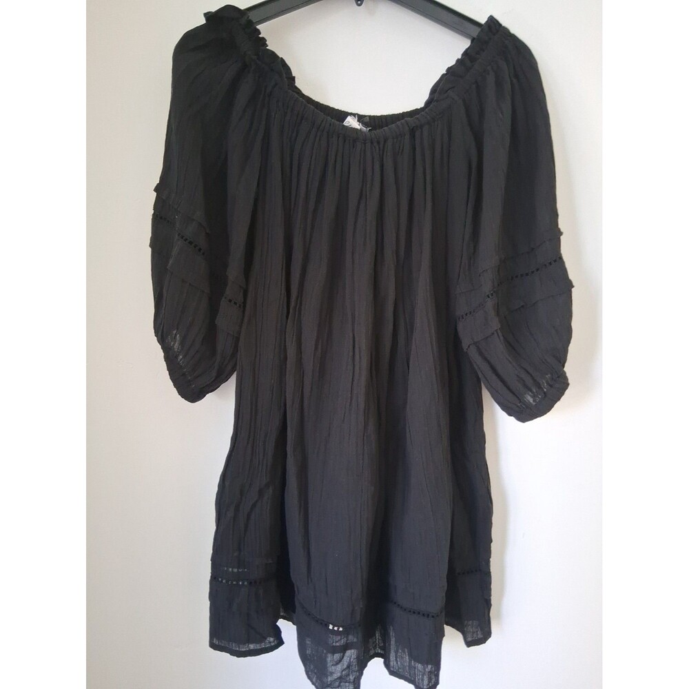 ELAN Black Off Shoulder Mini Dress Ballooo Sleeve Tunic size S 100% Cotton Gauze